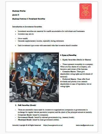 Business Studies- Business Ventures And Investment Securities